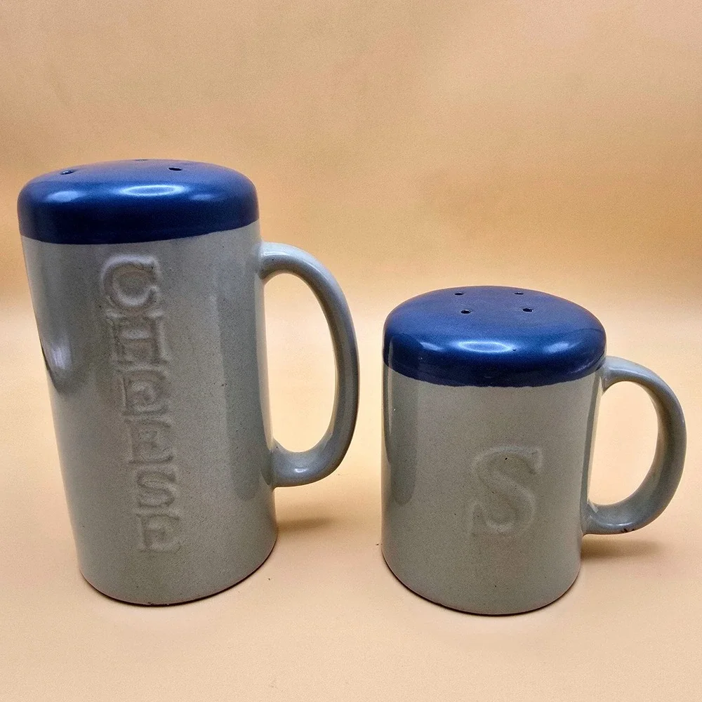Vintage Ceramic Salt & Cheese Shakers Blue Lids Mug Style w/ Handles 